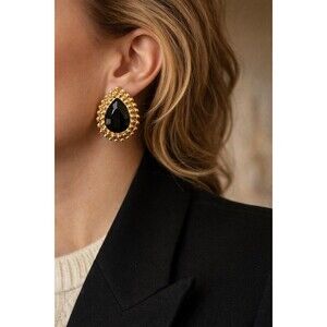 Vintage Black Teardrop Clip On Earrings Gold Tone Chunky Statement 80s Bold Glam